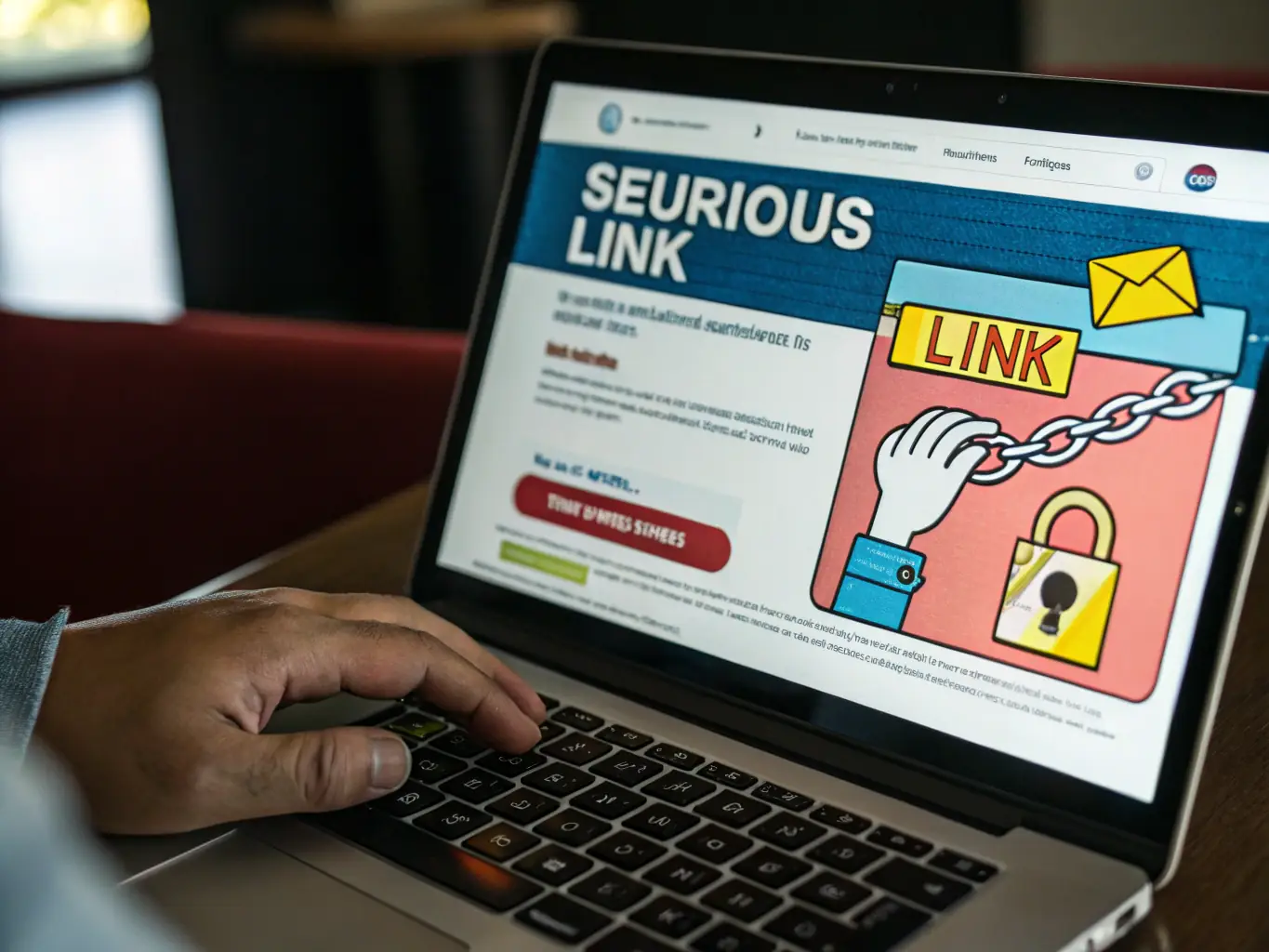 A digital illustration depicting a phishing email scam on a computer screen, with a hand reaching out to click a malicious link, symbolizing the dangers of online fraud.